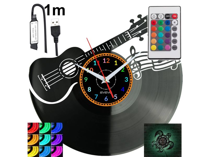 Ukulele Muzyka Gitara Zegar Ścienny Podświetlany LED RGB Na Pilota Płyta Winylowa Nowoczesny Dekoracyjny Na Prezent Urodziny