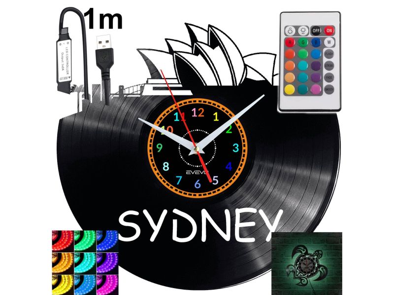 CITY SYDNEY Zegar Ścienny Podświetlany LED RGB Na Pilota Płyta Winylowa Nowoczesny Dekoracyjny Na Prezent