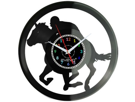 ZEGAR ŚCIENNY KOŃ TOROWY WYŚCIGOWY GALOPER FLUORESCENCYJNE TŁO PŁYTA WINYLOWA PREZENT UPOMINEK URODZINY EVEVO F0003
