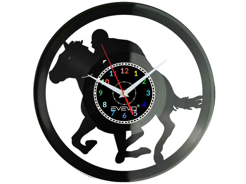 ZEGAR ŚCIENNY KOŃ TOROWY WYŚCIGOWY GALOPER FLUORESCENCYJNE TŁO PŁYTA WINYLOWA PREZENT UPOMINEK URODZINY EVEVO F0003
