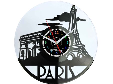 ZEGAR ŚCIENNY PARYŻ FRANCJA WIEŻA EIFFLA ŁUK TRIUMFALNY FLUORESCENCYJNE TŁO PŁYTA WINYLOWA PREZENT UPOMINEK URODZINY EVEVO W0008