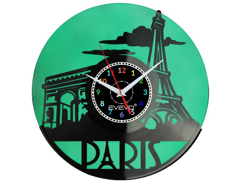 ZEGAR ŚCIENNY PARYŻ FRANCJA WIEŻA EIFFLA ŁUK TRIUMFALNY FLUORESCENCYJNE TŁO PŁYTA WINYLOWA PREZENT UPOMINEK URODZINY EVEVO F0008