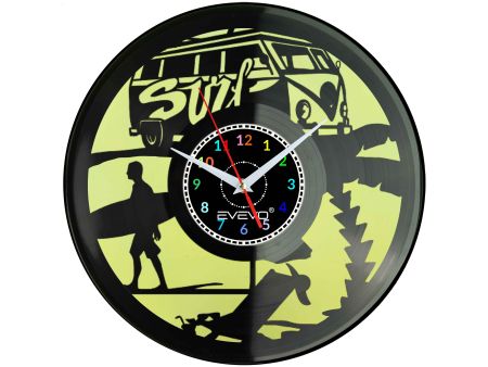 ZEGAR ŚCIENNY SURFING JAZDA NA FALI FLUORESCENCYJNE TŁO PŁYTA WINYLOWA PREZENT UPOMINEK URODZINY EVEVO F0015