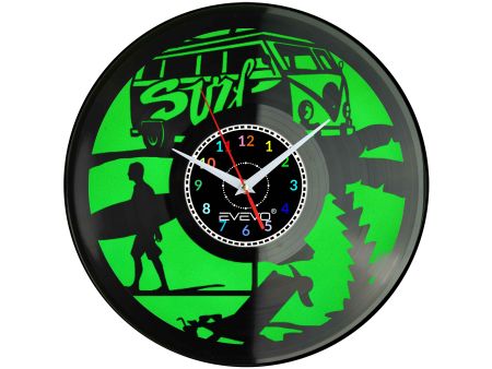 ZEGAR ŚCIENNY SURFING JAZDA NA FALI FLUORESCENCYJNE TŁO PŁYTA WINYLOWA PREZENT UPOMINEK URODZINY EVEVO F0015