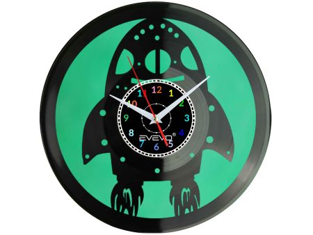 ZEGAR ŚCIENNY RAKIETA KOSMICZNA RAKIETOWIEC FLUORESCENCYJNE TŁO PŁYTA WINYLOWA PREZENT UPOMINEK URODZINY EVEVO