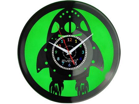 ZEGAR ŚCIENNY RAKIETA KOSMICZNA RAKIETOWIEC FLUORESCENCYJNE TŁO PŁYTA WINYLOWA PREZENT UPOMINEK URODZINY EVEVO