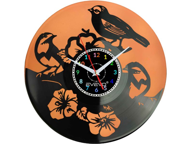 ZEGAR ŚCIENNY PTAK PTASZKI SKRZYDLAK LATACZ FLUORESCENCYJNE TŁO PŁYTA WINYLOWA PREZENT UPOMINEK URODZINY GIFT EVEVO W0023