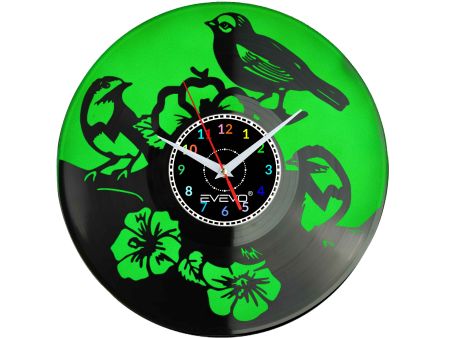 ZEGAR ŚCIENNY PTAK PTASZKI SKRZYDLAK LATACZ FLUORESCENCYJNE TŁO PŁYTA WINYLOWA PREZENT UPOMINEK URODZINY GIFT EVEVO W0023