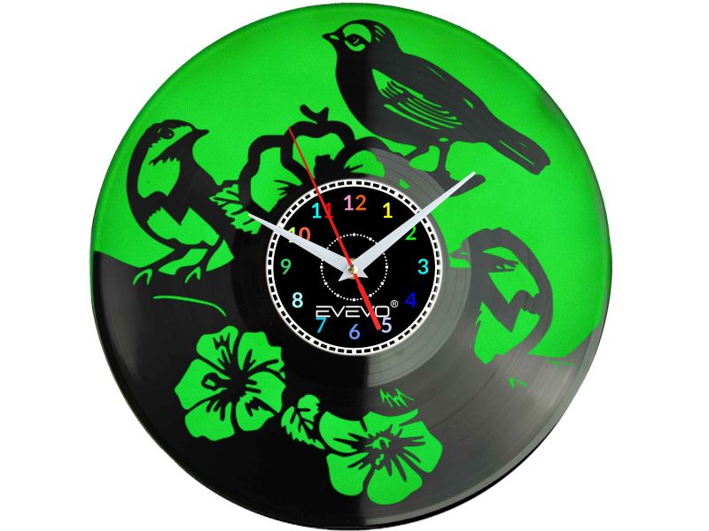 ZEGAR ŚCIENNY PTAK PTASZKI SKRZYDLAK LATACZ FLUORESCENCYJNE TŁO PŁYTA WINYLOWA PREZENT UPOMINEK URODZINY GIFT EVEVO W0023