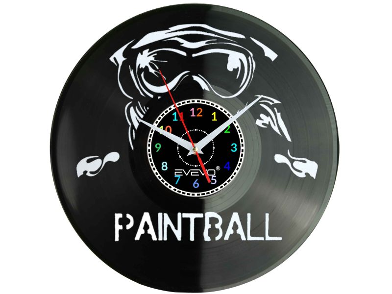 PAINTBALL STRZELANKA ZEGAR ŚCIENNY FLUORESCENCYJNE TŁO PŁYTA WINYLOWA PREZENT UPOMINEK URODZINY GIFT EVEVO W0024