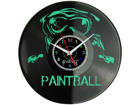 PAINTBALL STRZELANKA ZEGAR ŚCIENNY FLUORESCENCYJNE TŁO PŁYTA WINYLOWA PREZENT UPOMINEK URODZINY GIFT EVEVO W0024