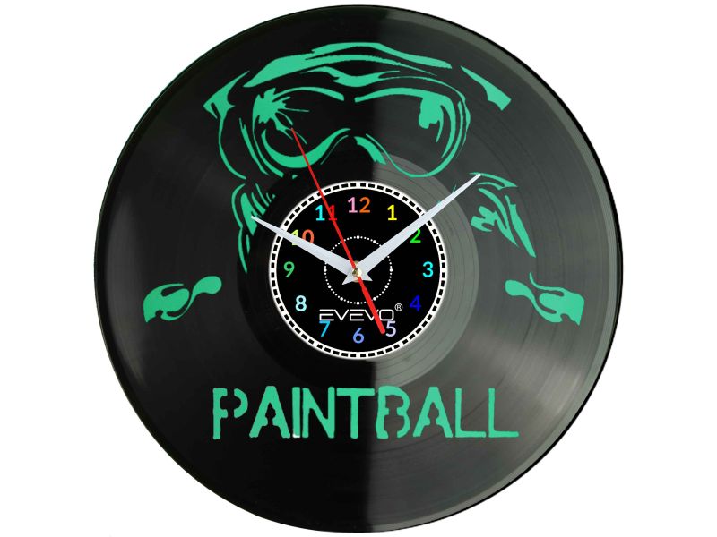 PAINTBALL STRZELANKA ZEGAR ŚCIENNY FLUORESCENCYJNE TŁO PŁYTA WINYLOWA PREZENT UPOMINEK URODZINY GIFT EVEVO W0024