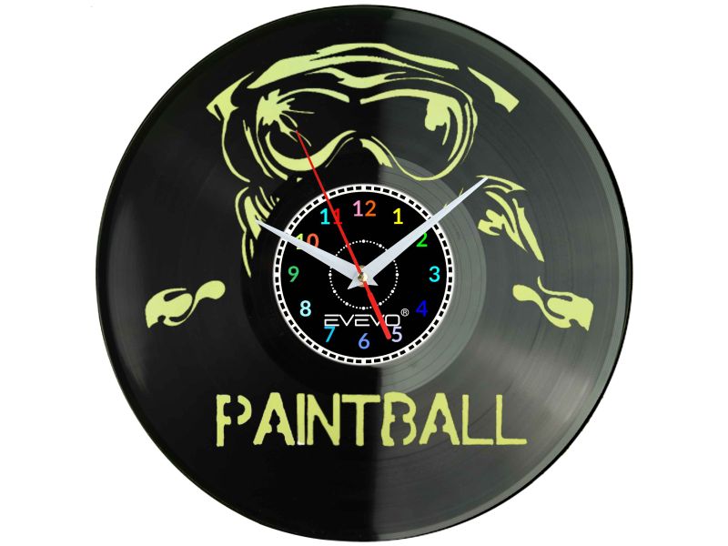 PAINTBALL STRZELANKA ZEGAR ŚCIENNY FLUORESCENCYJNE TŁO PŁYTA WINYLOWA PREZENT UPOMINEK URODZINY GIFT EVEVO W0024