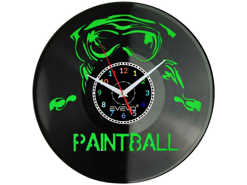 PAINTBALL STRZELANKA ZEGAR ŚCIENNY FLUORESCENCYJNE TŁO PŁYTA WINYLOWA PREZENT UPOMINEK URODZINY GIFT EVEVO W0024