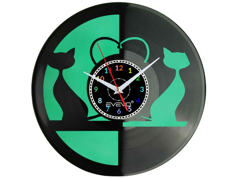 KOT KOTY PREZESA DOMOWY DACHOWIEC ZEGAR ŚCIENNY FLUORESCENCYJNE TŁO PŁYTA WINYLOWA PREZENT UPOMINEK URODZINY GIFT EVEVO W0025