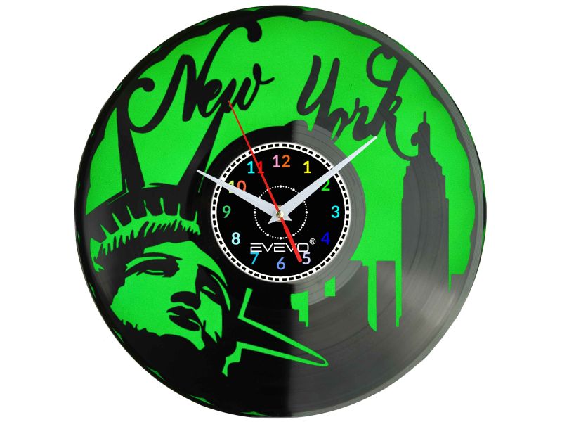 NOWY JORK USA NYC ZEGAR ŚCIENNY FLUORESCENCYJNE TŁO PŁYTA WINYLOWA PREZENT UPOMINEK URODZINY GIFT EVEVO W0026