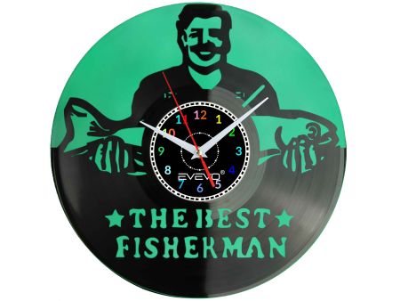 ZEGAR ŚCIENNY NAJLEPSZY RYBAK WĘDKARSWO FLUORESCENCYJNE TŁO PŁYTA WINYLOWA PREZENT UPOMINEK URODZINY GIFT SOUVENIR EVEVO W0028