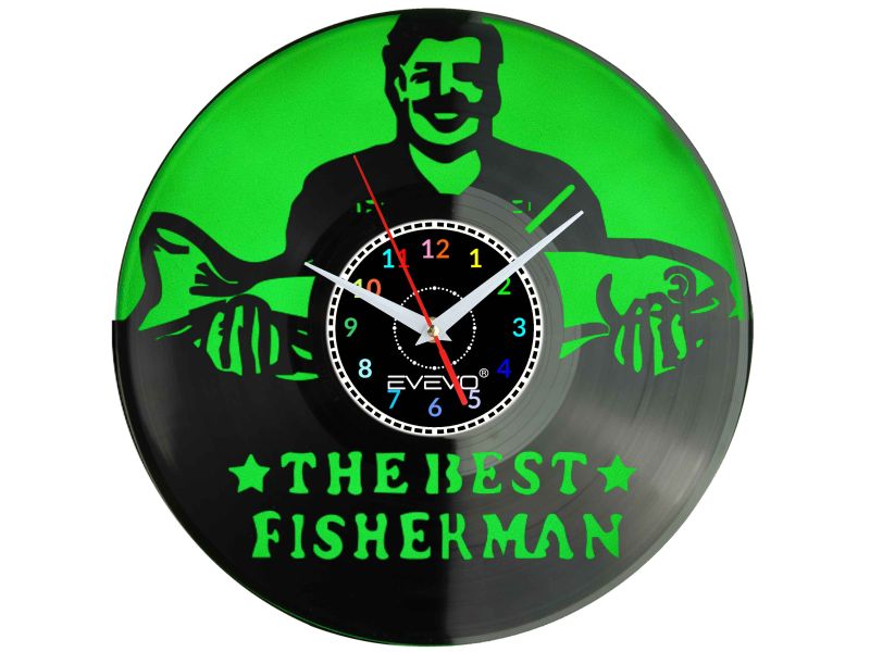 ZEGAR ŚCIENNY NAJLEPSZY RYBAK WĘDKARSWO FLUORESCENCYJNE TŁO PŁYTA WINYLOWA PREZENT UPOMINEK URODZINY GIFT SOUVENIR EVEVO W0028