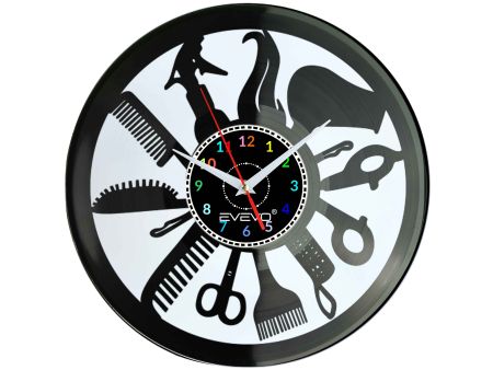 ZEGAR ŚCIENNY SALON FRYZJERSKI URODY PIĘKNOŚCI FLUORESCENCYJNE TŁO PŁYTA WINYLOWA PREZENT UPOMINEK URODZINY SOUVENIR EVEVO F0029