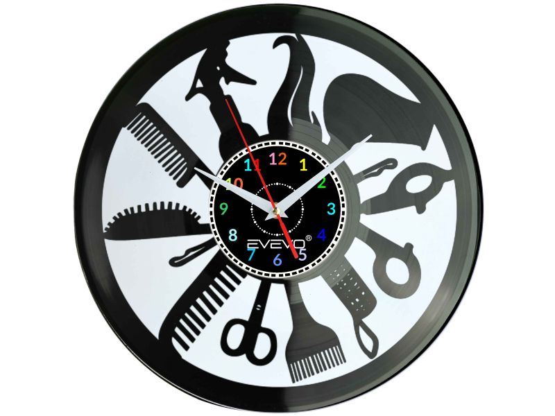 ZEGAR ŚCIENNY SALON FRYZJERSKI URODY PIĘKNOŚCI FLUORESCENCYJNE TŁO PŁYTA WINYLOWA PREZENT UPOMINEK URODZINY SOUVENIR EVEVO F0029