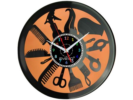 ZEGAR ŚCIENNY SALON FRYZJERSKI URODY PIĘKNOŚCI FLUORESCENCYJNE TŁO PŁYTA WINYLOWA PREZENT UPOMINEK URODZINY SOUVENIR EVEVO F0029