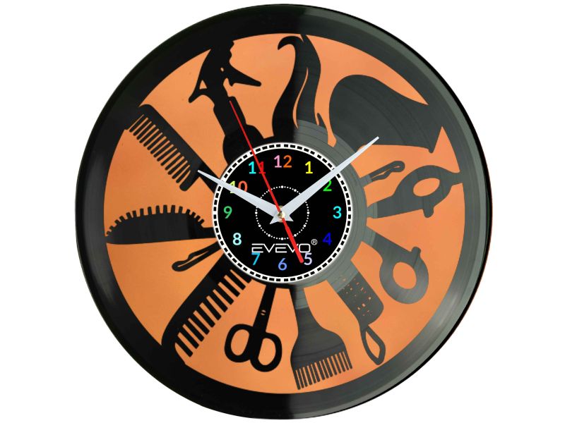 ZEGAR ŚCIENNY SALON FRYZJERSKI URODY PIĘKNOŚCI FLUORESCENCYJNE TŁO PŁYTA WINYLOWA PREZENT UPOMINEK URODZINY SOUVENIR EVEVO F0029