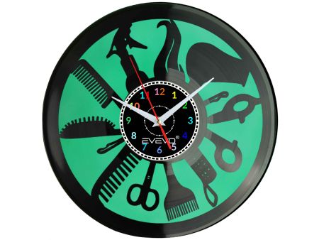 ZEGAR ŚCIENNY SALON FRYZJERSK URODY PIĘKNOŚCI FLUORESCENCYJNE TŁO PŁYTA WINYLOWA PREZENT UPOMINEK URODZINY SOUVENIR EVEVO W0029