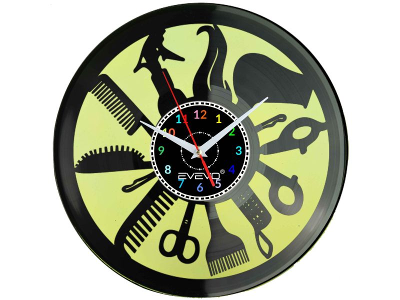 ZEGAR ŚCIENNY SALON FRYZJERSK URODY PIĘKNOŚCI FLUORESCENCYJNE TŁO PŁYTA WINYLOWA PREZENT UPOMINEK URODZINY SOUVENIR EVEVO W0029