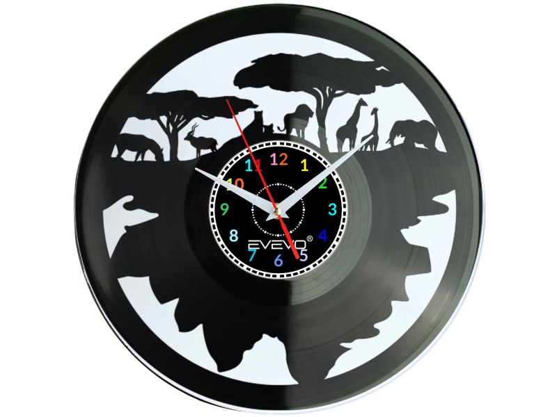 SAWANNA AFRYKA ZWIERZĘTA ZEGAR ŚCIENNY FLUORESCENCYJNE TŁO PŁYTA WINYLOWA PREZENT UPOMINEK URODZINY SOUVENIR EVEVO W0030 ALLEGRO