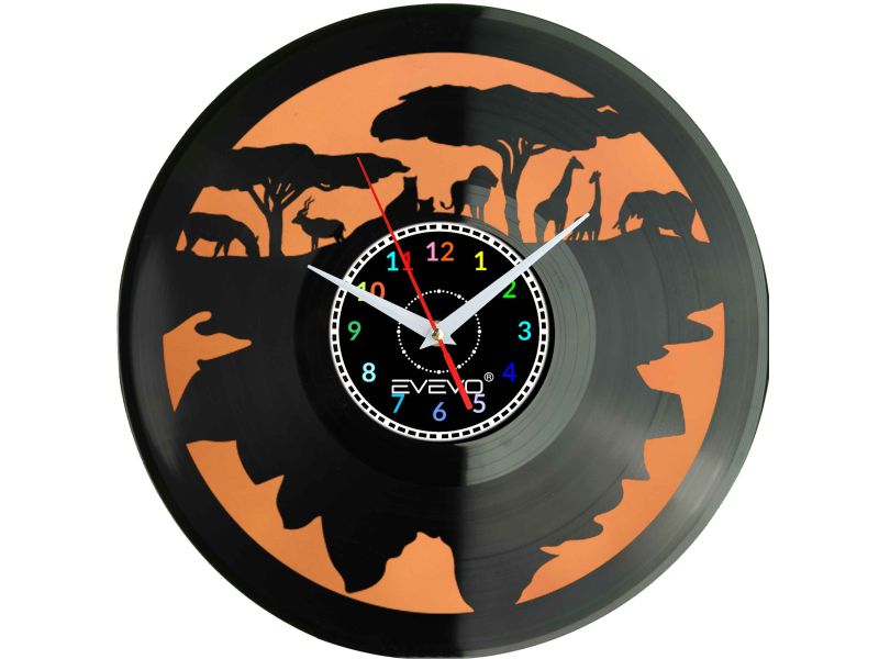 SAWANNA AFRYKA ZWIERZĘTA ZEGAR ŚCIENNY FLUORESCENCYJNE TŁO PŁYTA WINYLOWA PREZENT UPOMINEK URODZINY SOUVENIR EVEVO W0030 AMAZON