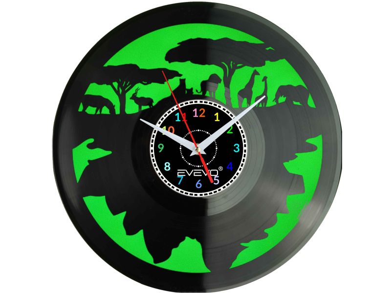 SAWANNA AFRYKA ZWIERZĘTA ZEGAR ŚCIENNY FLUORESCENCYJNE TŁO PŁYTA WINYLOWA PREZENT UPOMINEK URODZINY SOUVENIR EVEVO W0030
