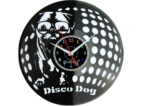 ZEGAR ŚCIENNY MOPS MOPSIK MOPSIĄTKO PUG PIES FLUORESCENCYJNE TŁO PŁYTA WINYLOWA PREZENT UPOMINEK URODZINY SOUVENIR EVEVO F0032