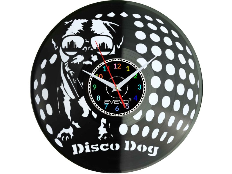 ZEGAR ŚCIENNY MOPS MOPSIK MOPSIĄTKO PUG PIES FLUORESCENCYJNE TŁO PŁYTA WINYLOWA PREZENT UPOMINEK URODZINY SOUVENIR EVEVO F0032