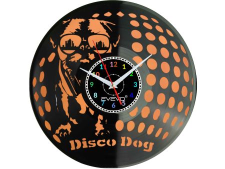 ZEGAR ŚCIENNY MOPS MOPSIK MOPSIĄTKO PUG PIES FLUORESCENCYJNE TŁO PŁYTA WINYLOWA PREZENT UPOMINEK URODZINY SOUVENIR EVEVO F0032