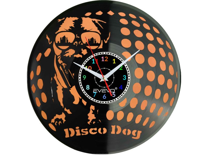 ZEGAR ŚCIENNY MOPS MOPSIK MOPSIĄTKO PUG PIES FLUORESCENCYJNE TŁO PŁYTA WINYLOWA PREZENT UPOMINEK URODZINY SOUVENIR EVEVO F0032