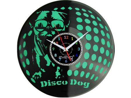 ZEGAR ŚCIENNY MOPS MOPSIK MOPSIĄTKO PUG PIES FLUORESCENCYJNE TŁO PŁYTA WINYLOWA PREZENT UPOMINEK URODZINY SOUVENIR EVEVO F0032