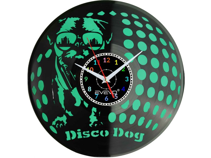 ZEGAR ŚCIENNY MOPS MOPSIK MOPSIĄTKO PUG PIES FLUORESCENCYJNE TŁO PŁYTA WINYLOWA PREZENT UPOMINEK URODZINY SOUVENIR EVEVO F0032