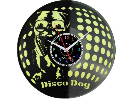 ZEGAR ŚCIENNY MOPS MOPSIK MOPSIĄTKO PUG PIES FLUORESCENCYJNE TŁO PŁYTA WINYLOWA PREZENT UPOMINEK URODZINY SOUVENIR EVEVO W0032