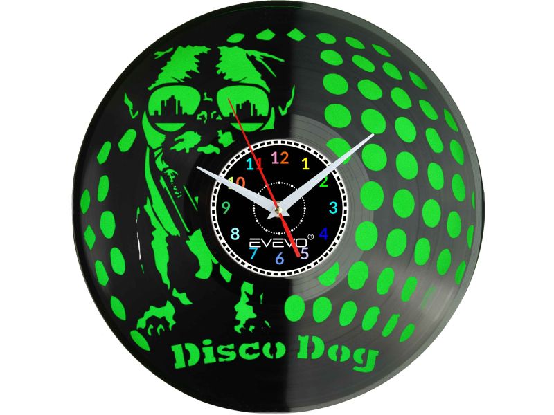 ZEGAR ŚCIENNY MOPS MOPSIK MOPSIĄTKO PUG PIES FLUORESCENCYJNE TŁO PŁYTA WINYLOWA PREZENT UPOMINEK URODZINY SOUVENIR EVEVO W0032