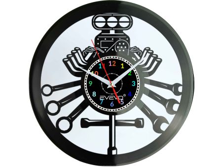 ZEGAR ŚCIENNY SERWIS MECHANIK SILNIK FLUORESCENCYJNE TŁO PŁYTA WINYLOWA PREZENT UPOMINEK URODZINY GIFT SOUVENIR EVEVO F0033