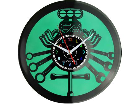 ZEGAR ŚCIENNY SERWIS MECHANIK SILNIK FLUORESCENCYJNE TŁO PŁYTA WINYLOWA PREZENT UPOMINEK URODZINY GIFT SOUVENIR EVEVO F0033
