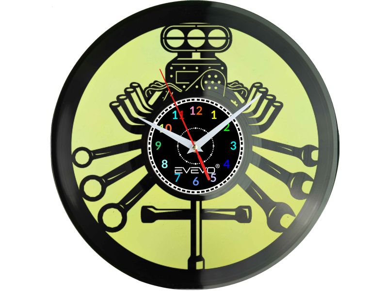 ZEGAR ŚCIENNY SERWIS MECHANIK SILNIK FLUORESCENCYJNE TŁO PŁYTA WINYLOWA PREZENT UPOMINEK URODZINY GIFT SOUVENIR EVEVO W0033