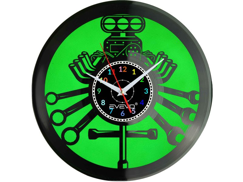 ZEGAR ŚCIENNY SERWIS MECHANIK SILNIK FLUORESCENCYJNE TŁO PŁYTA WINYLOWA PREZENT UPOMINEK URODZINY GIFT SOUVENIR EVEVO W0033