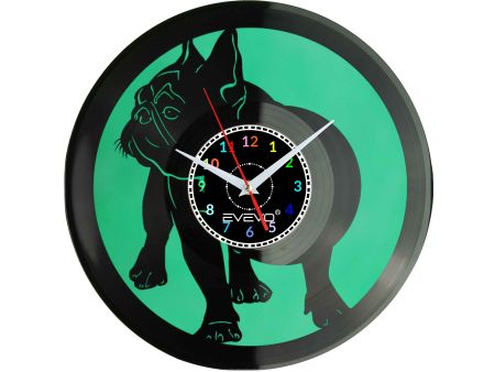 BULDOG FRANCUSKI BULEK FRANCUZ PIES ZEGAR ŚCIENNY FLUORESCENCYJNE TŁO PŁYTA WINYLOWA PREZENT UPOMINEK URODZINY EVEVO F0034