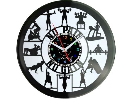 FITNESS NO PAIN NO GAIN ZEGAR ŚCIENNY FLUORESCENCYJNE TŁO PŁYTA WINYLOWA PREZENT UPOMINEK URODZINY GIFT SOUVENIR EVEVO F0035