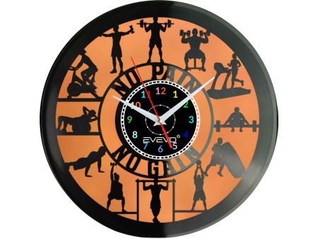 FITNESS NO PAIN NO GAIN ZEGAR ŚCIENNY FLUORESCENCYJNE TŁO PŁYTA WINYLOWA PREZENT UPOMINEK URODZINY GIFT SOUVENIR EVEVO F0035