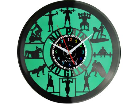 FITNESS NO PAIN NO GAIN ZEGAR ŚCIENNY FLUORESCENCYJNE TŁO PŁYTA WINYLOWA PREZENT UPOMINEK URODZINY GIFT SOUVENIR EVEVO F0035