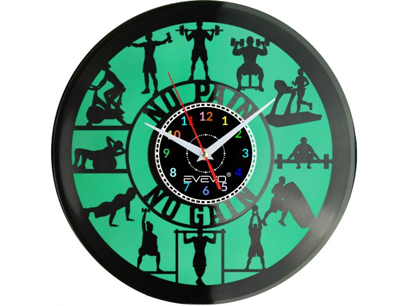 FITNESS NO PAIN NO GAIN ZEGAR ŚCIENNY FLUORESCENCYJNE TŁO PŁYTA WINYLOWA PREZENT UPOMINEK URODZINY GIFT SOUVENIR EVEVO F0035