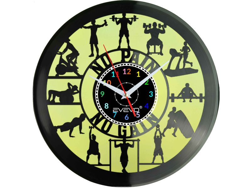 FITNESS NO PAIN NO GAIN ZEGAR ŚCIENNY FLUORESCENCYJNE TŁO PŁYTA WINYLOWA PREZENT UPOMINEK URODZINY GIFT SOUVENIR EVEVO W0035