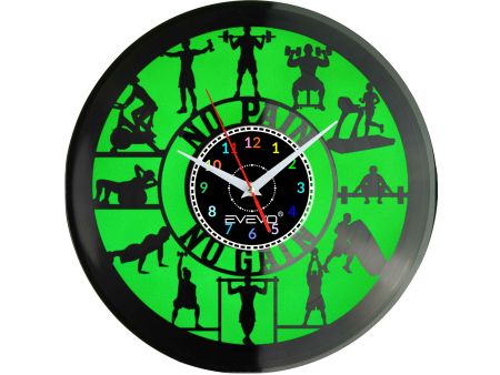 FITNESS NO PAIN NO GAIN ZEGAR ŚCIENNY FLUORESCENCYJNE TŁO PŁYTA WINYLOWA PREZENT UPOMINEK URODZINY GIFT SOUVENIR EVEVO W0035